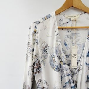 Lovestitch White Blue Abstract Print Faux Wrap Blouse